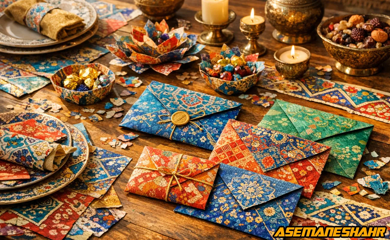 چیدمان دفترچه و جعبه‌ های هدیه با طرح سنتی ختایی و اسلیمی روی میز چوبی.