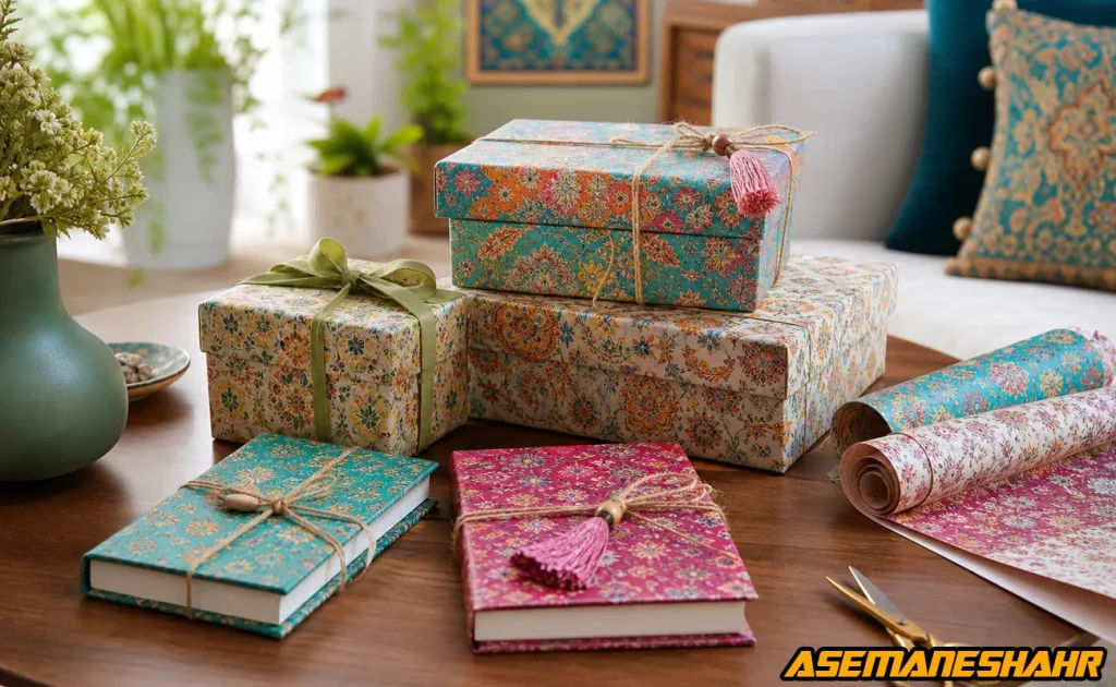 ست هدیه و دفتر با تزیین خلاقانه با کاغذ کادو طرح اسلیمی، منگوله و کنف در چیدمان میز.