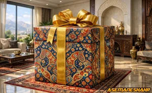 ایده خلاقانه کادو کردن هدیه بزرگ با کاغذ کادو طرح بته‌ جقه و پاپیون طلایی در دکوراسیون مجلل.