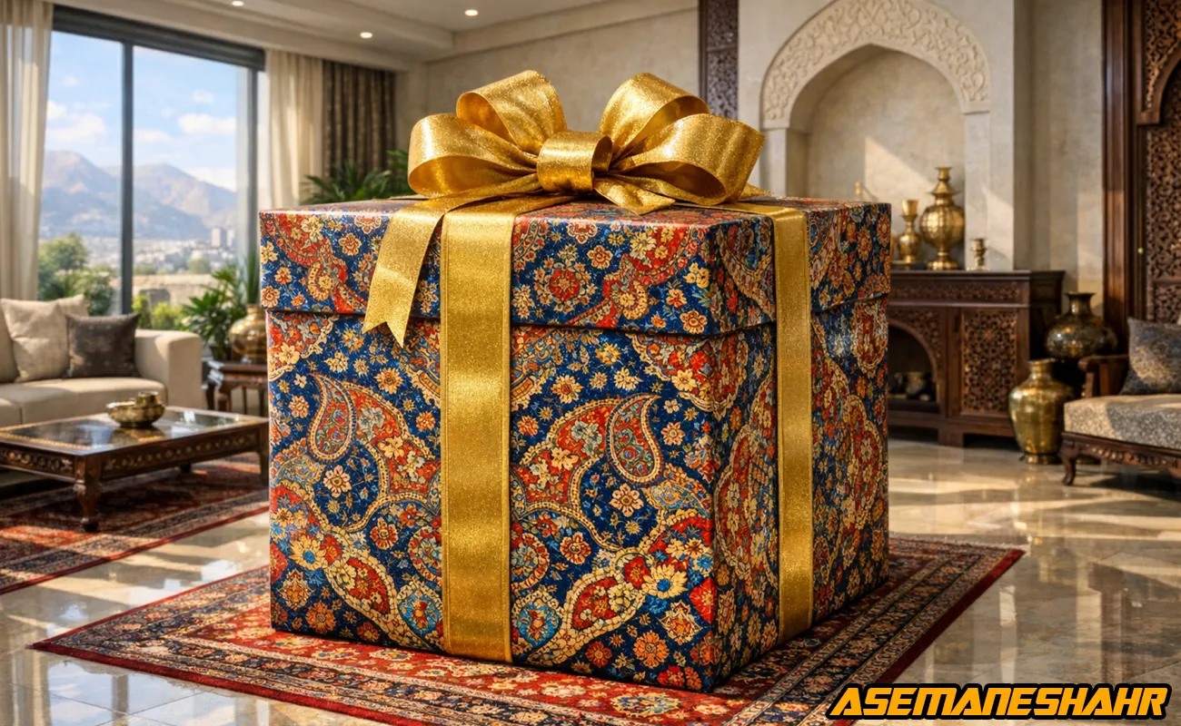 ایده خلاقانه کادو کردن هدیه بزرگ با کاغذ کادو طرح بته‌ جقه و پاپیون طلایی در دکوراسیون مجلل.