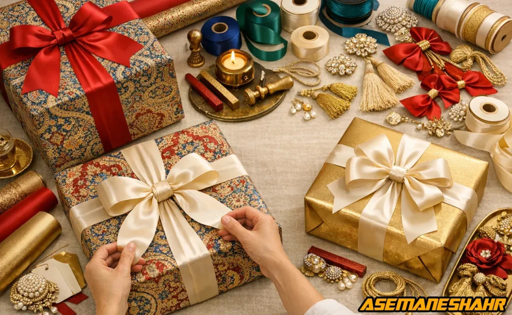 مجموعه‌ ای از اکسسوری‌ های هدیه‌ آرایی حرفه‌ ای شامل روبان‌ های ساتن، مهروموم و کاغذ کادوهای لوکس آسمان شهر.