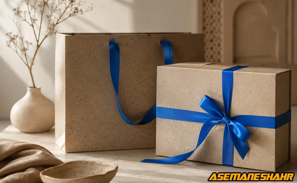 ست ساک دستی و جعبه هدیه کرافت با بند و پاپیون آبی کاربنی در یک چیدمان مینیمال.
