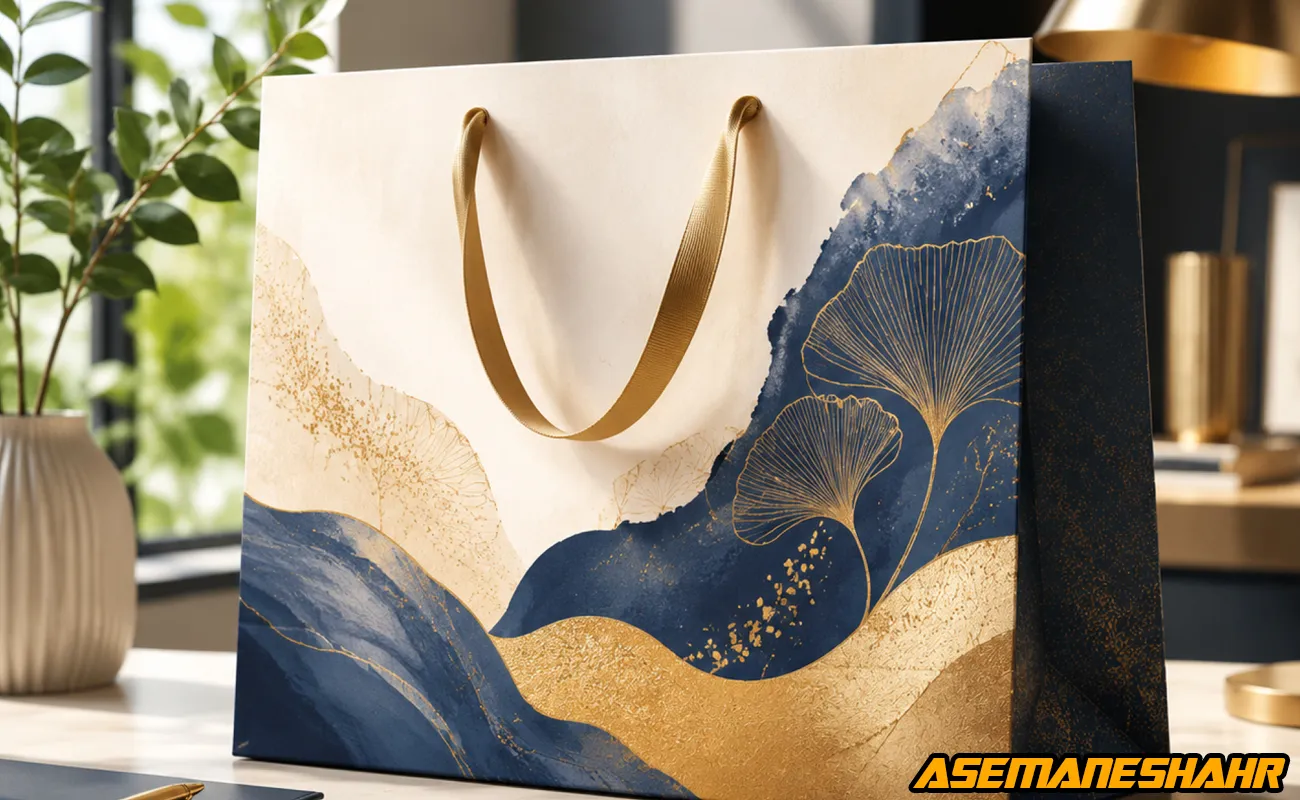 شاپینگ بگ اختصاصی با طراحی مدرن سرمه‌ ای و طلایی جهت برندینگ فروشگاه‌های لوکس.