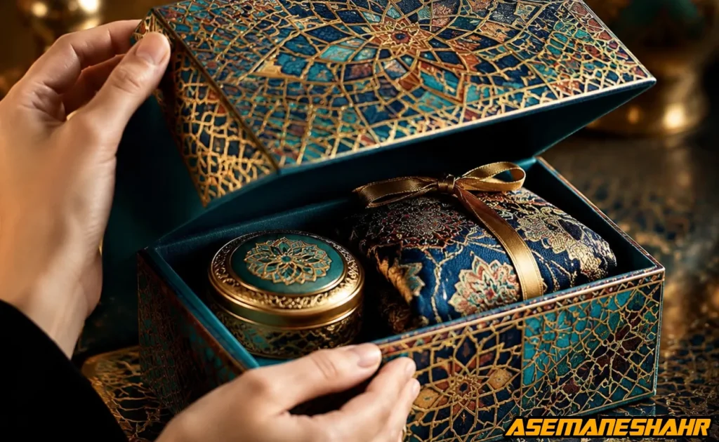 طراحی لوکس بسته‌ بندی صنایع دستی با نقوش ختایی و جعبه هدیه اختصاصی آسمان شهر.