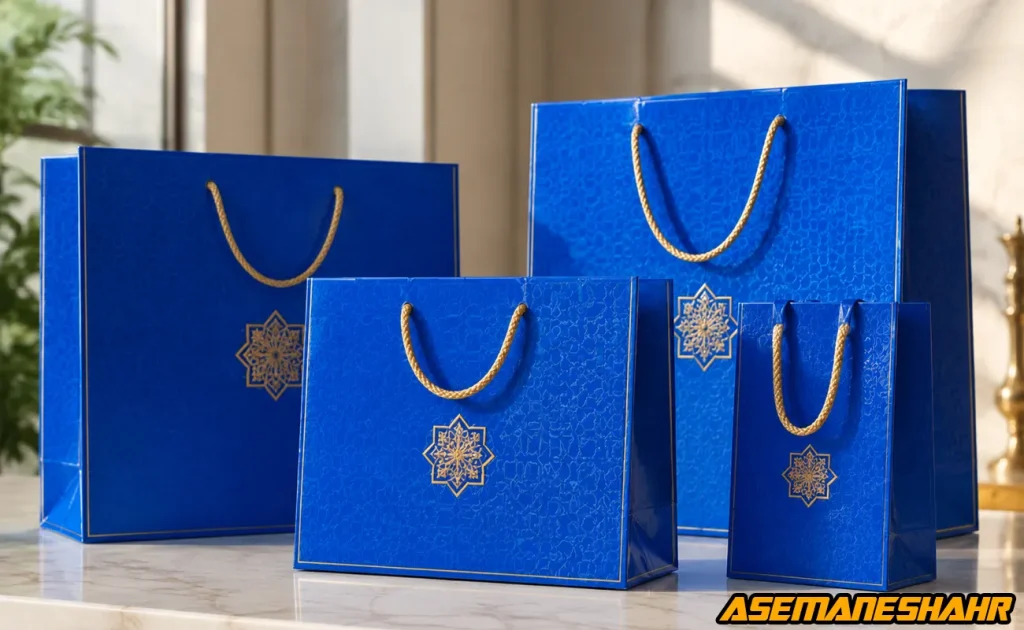 چهار عدد ساک دستی تبلیغاتی آبی با لوگوی طلایی اسلیمی در سایزهای مختلف روی میز مرمر.