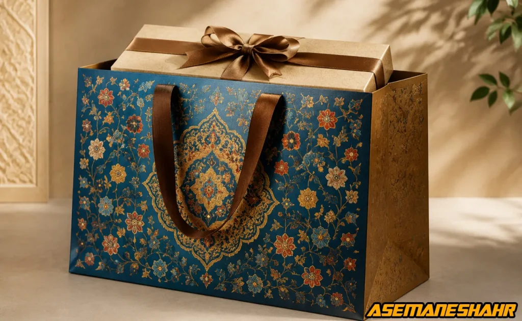 ساک دستی لوکس ساخته شده با مقوای گرماژ بالا و طرح اسلیمی آبی و طلایی حاوی جعبه هدیه.