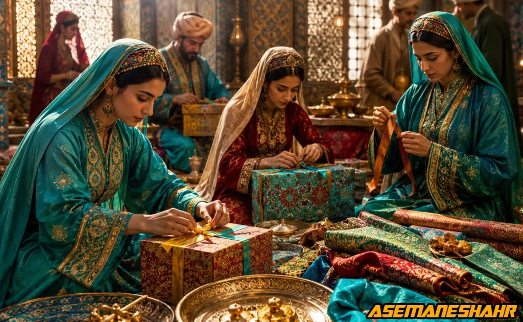 زنان دربار در حال بسته‌ بندی هدایای سلطنتی با پارچه‌ های زربفت و جعبه‌ های سنتی ایرانی با نقوش اسلیمی.