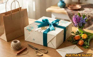بسته‌ بندی حرفه‌ای هدیه با جعبه کادو پارچه‌ ای طرح ایرانی، روبان ساتن فیروزه‌ ای، مهر مومی و لوازم تزئینی روی میز چوبی.