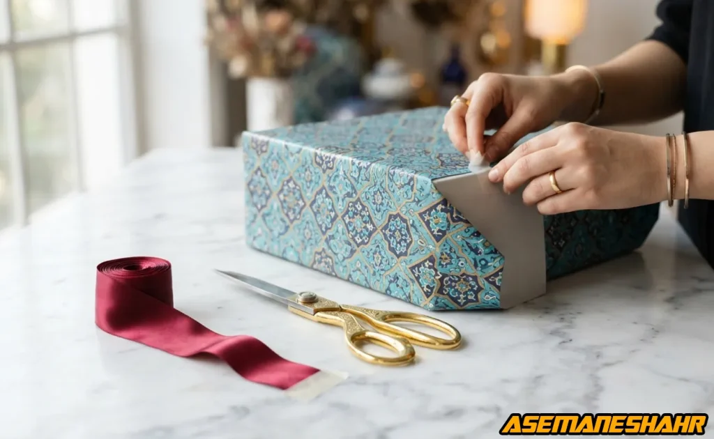 کادو پیچ کردن جعبه هدیه با کاغذ طرح ایرانی آبی و طلایی توسط دست ها روی سطح مرمری، همراه با روبان، قیچی و لوازم تزئینی.