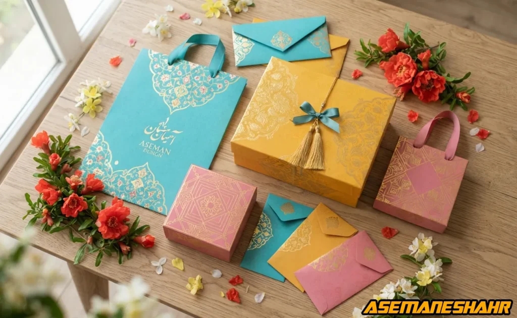 چیدمان هدیه به سبک ایرانی شامل ساک دستی، جعبه های کادویی رنگی، پاکت هماهنگ و گل های تزئینی روی میز چوبی.