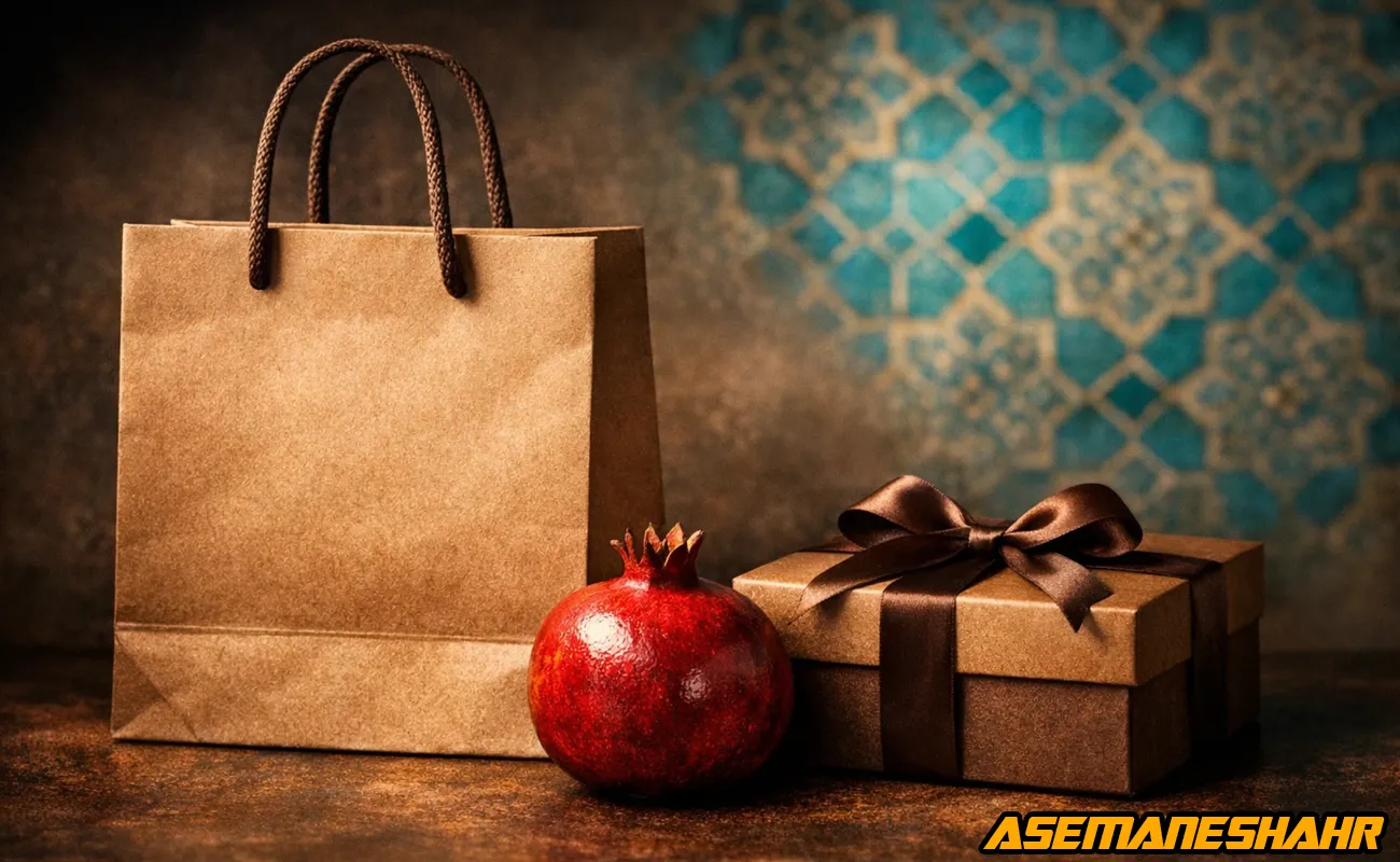 ساک دستی کرافت قهوه‌ ای کنار انار قرمز و جعبه هدیه روبان دار روی میز تیره با پس‌ زمینه هندسی فیروزه‌ ای.