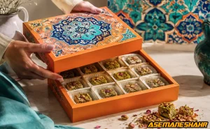 جعبه نارنجی شیرینی با طرح کاشی‌ کاری ایرانی برای بسته‌ بندی هدیه خوراکی.