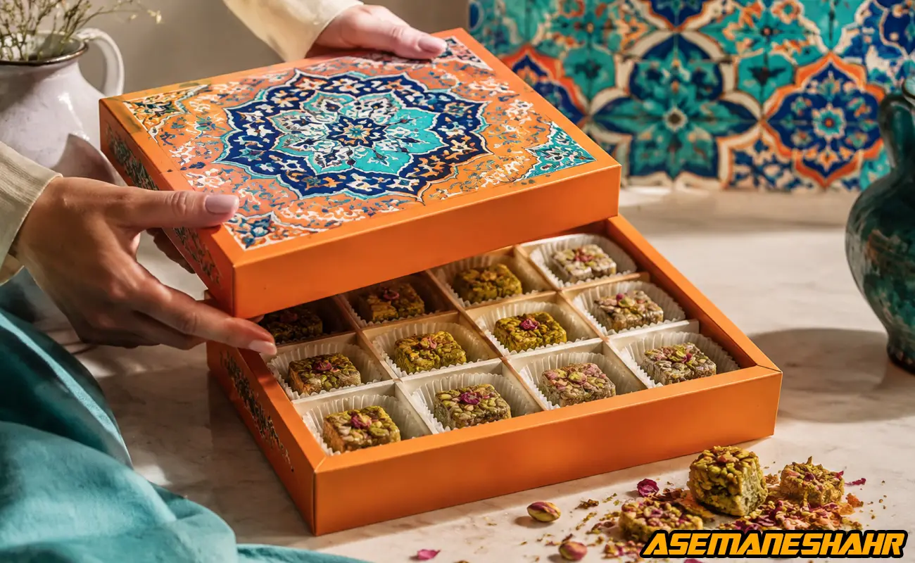 جعبه نارنجی شیرینی با طرح کاشی‌ کاری ایرانی برای بسته‌ بندی هدیه خوراکی.