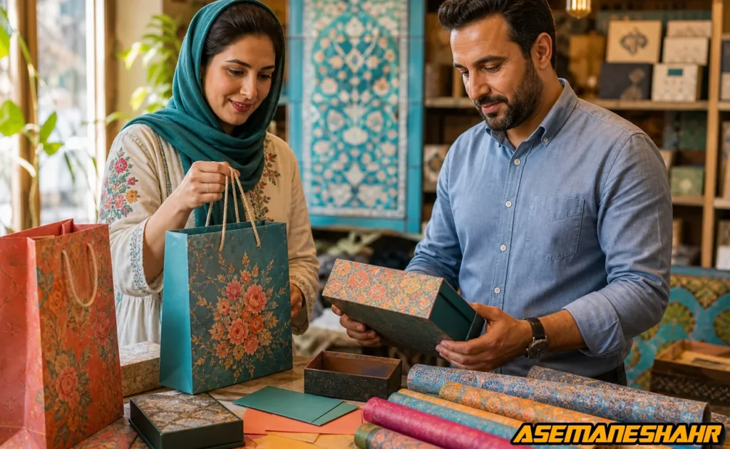 زن و مرد در حال بررسی کیفیت جعبه هدیه و ساک دستی کاغذی با چاپ اسلیمی و گل‌ دار.
