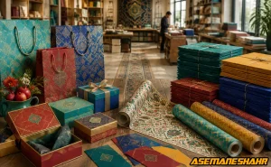 چیدمان انواع ساک دستی کاغذی، جعبه هدیه و رول کاغذ کادو با طرح‌ های سنتی ایرانی روی میز کارگاه.