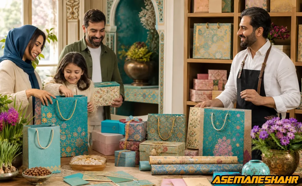 خانواده در حال انتخاب ساک دستی و جعبه هدیه سنتی از فروشنده در فروشگاه بسته‌ بندی.