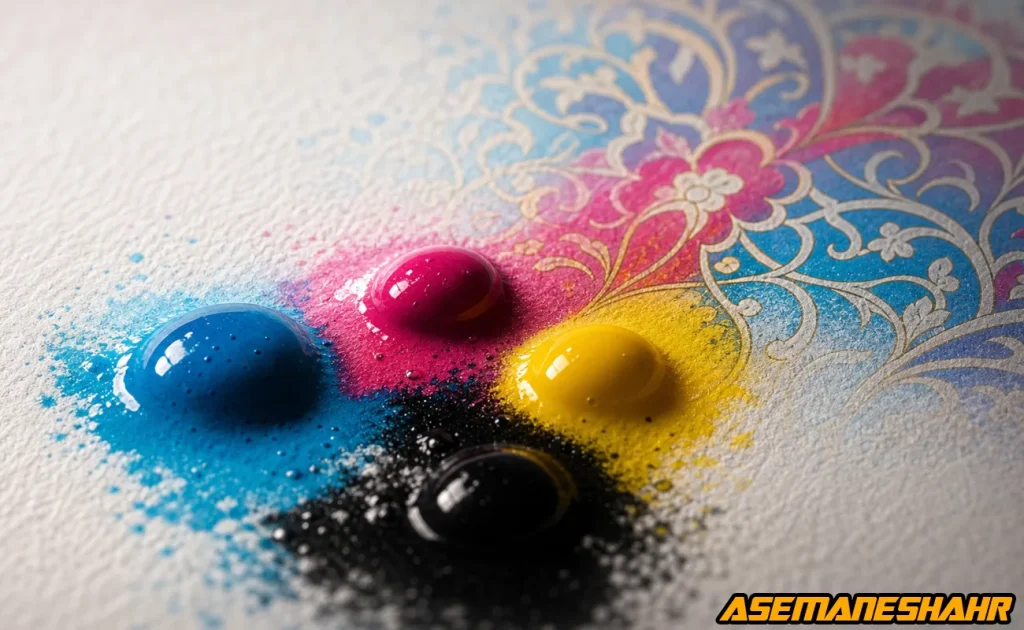 ترکیب جوهرهای CMYK روی کاغذ بافت‌ دار برای ایجاد رنگ‌ های دقیق در چاپ بسته‌ بندی.