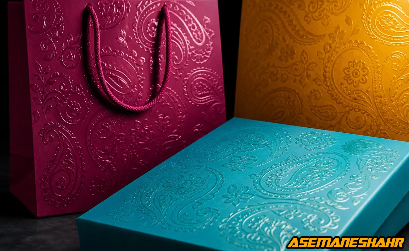 نمونه ساک دستی و جعبه بسته‌ بندی رنگی با نقش‌ های تزئینی برجسته و پوشش براق UV.