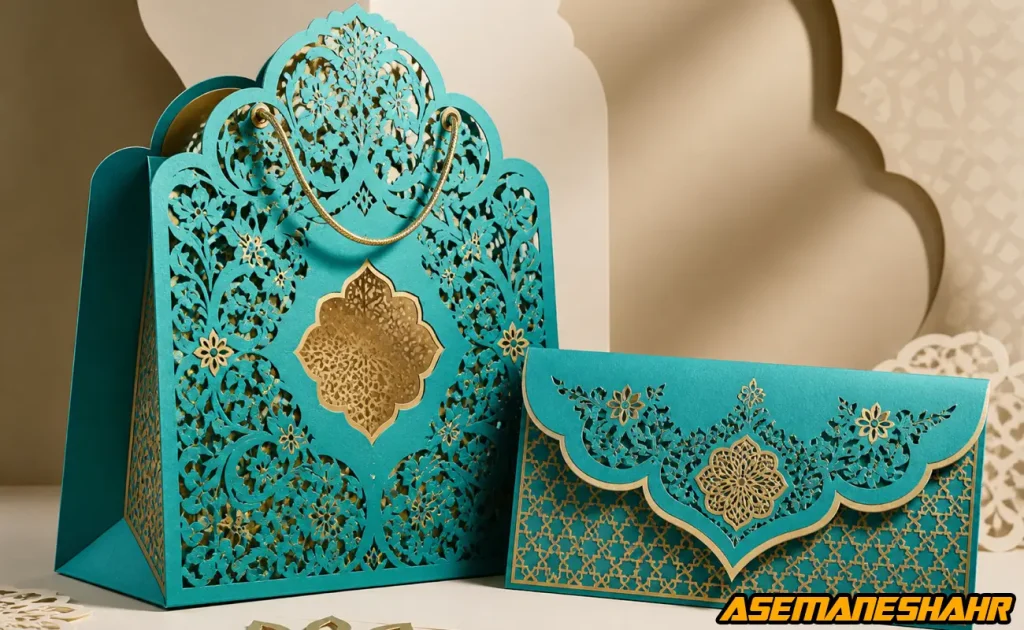 نمونه ساک دستی و پاکت فیروزه‌ ای با برش‌ های ظریف و مشبک اسلیمی حاصل از قالب‌ سازی دایکات.