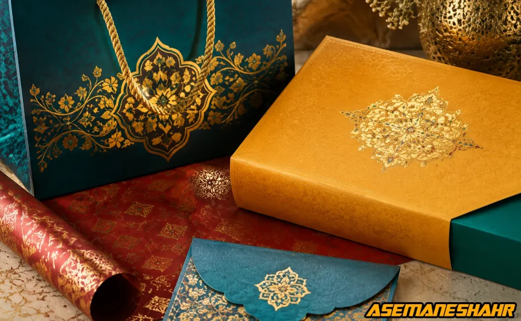 ست کامل بسته‌ بندی صادراتی شامل ساک دستی سبز تیره، جعبه خردلی و پاکت با تزئینات طلاکوب سنتی.