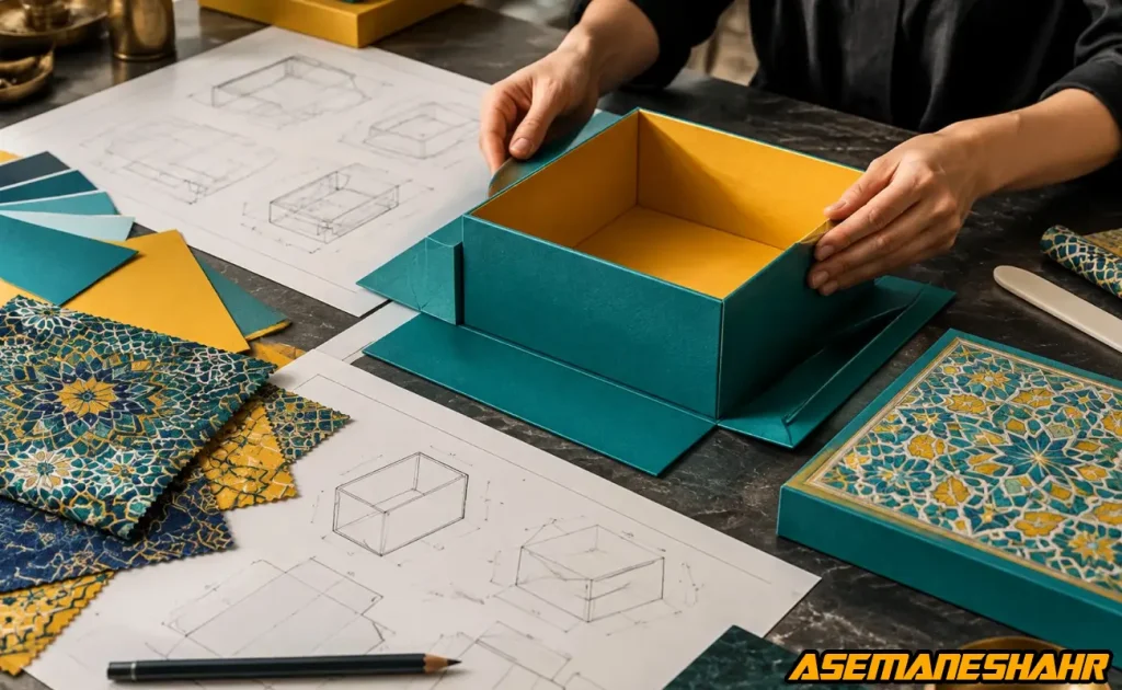 مراحل طراحی مهندسی، ماکت‌ سازی و ساخت جعبه مقوایی لولایی فیروزه‌ ای و زرد.