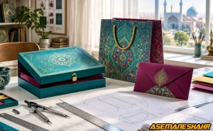 ست کامل بسته‌ بندی لوکس صادراتی شامل هاردباکس، ساک دستی و پاکت نامه با نقشه فنی.