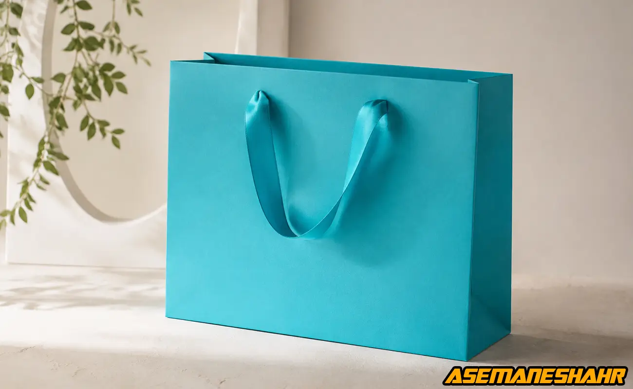 ساک دستی مقوایی فیروزه‌ ای با طراحی مینیمال و بند روبانی براق.
