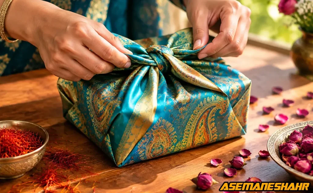 آموزش بسته‌ بندی هدیه به سبک فوروشیکی با پارچه ابریشمی طرح بته‌ جقه.