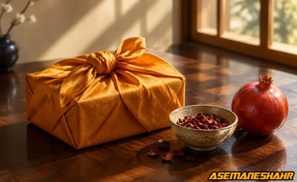 بسته‌ بندی پایدار و لوکس هدیه با تکنیک بقچه‌ پیچی فوروشیکی پارچه‌ ای.