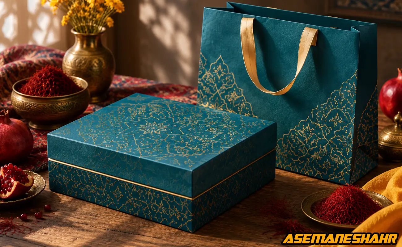 هاردباکس و ساک دستی فیروزه‌ ای با چاپ طلاکوب نقوش کاشی‌ کاری ایرانی برای بسته‌ بندی زعفران.