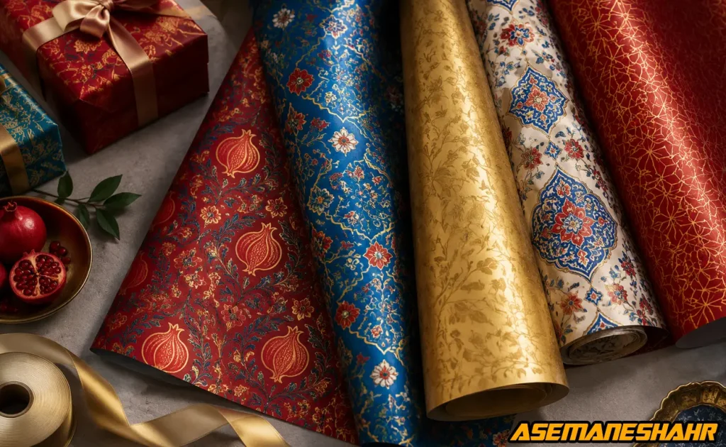 انواع کاغذ کادوی گلاسه و متالیک با طرح سنتی اسلیمی و نقوش ایرانی.