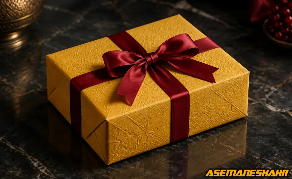 کادوپیچی جعبه با کاغذ بافت‌ دار ضخیم خردلی و روبان پارچه‌ ای زرشکی.