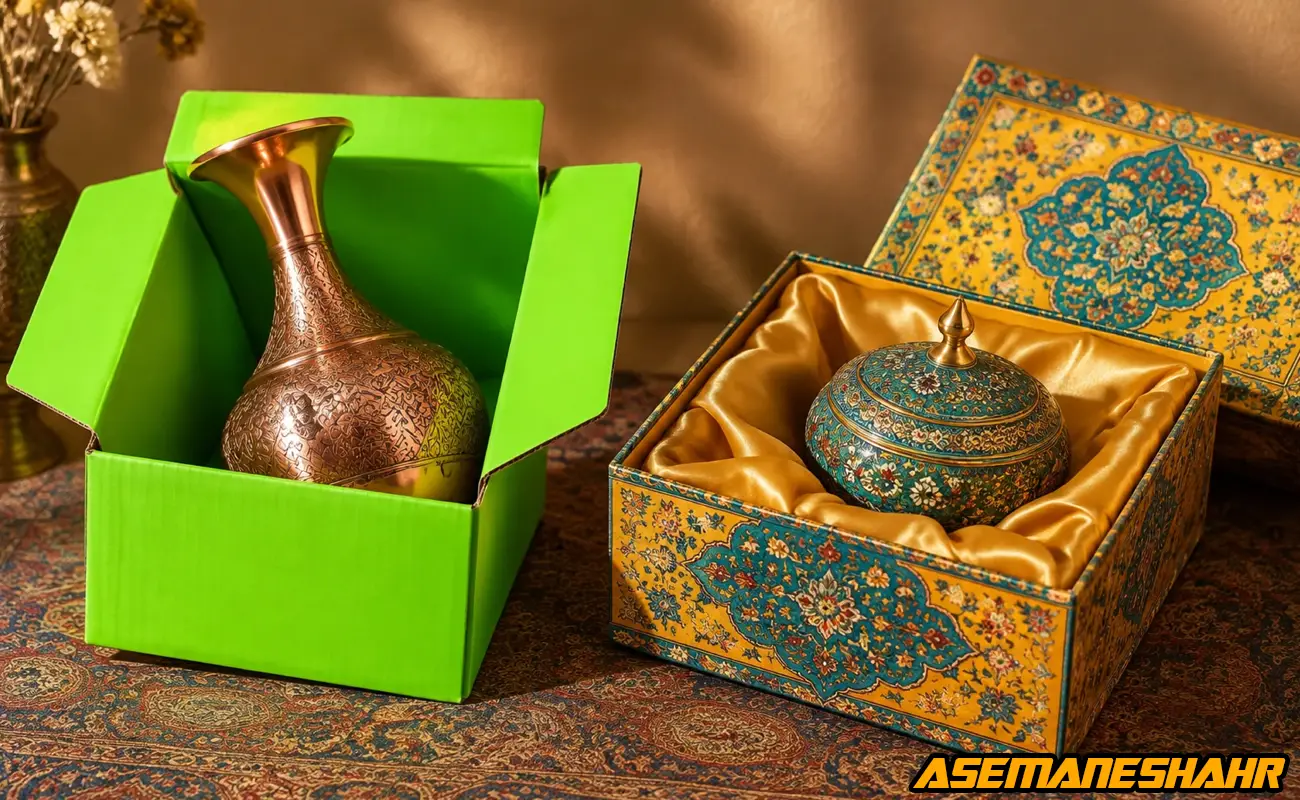 بسته‌ بندی صنایع‌ دستی ایرانی با جعبه طرح اسلیمی و آستر ساتن برای ظروف تزئینی.