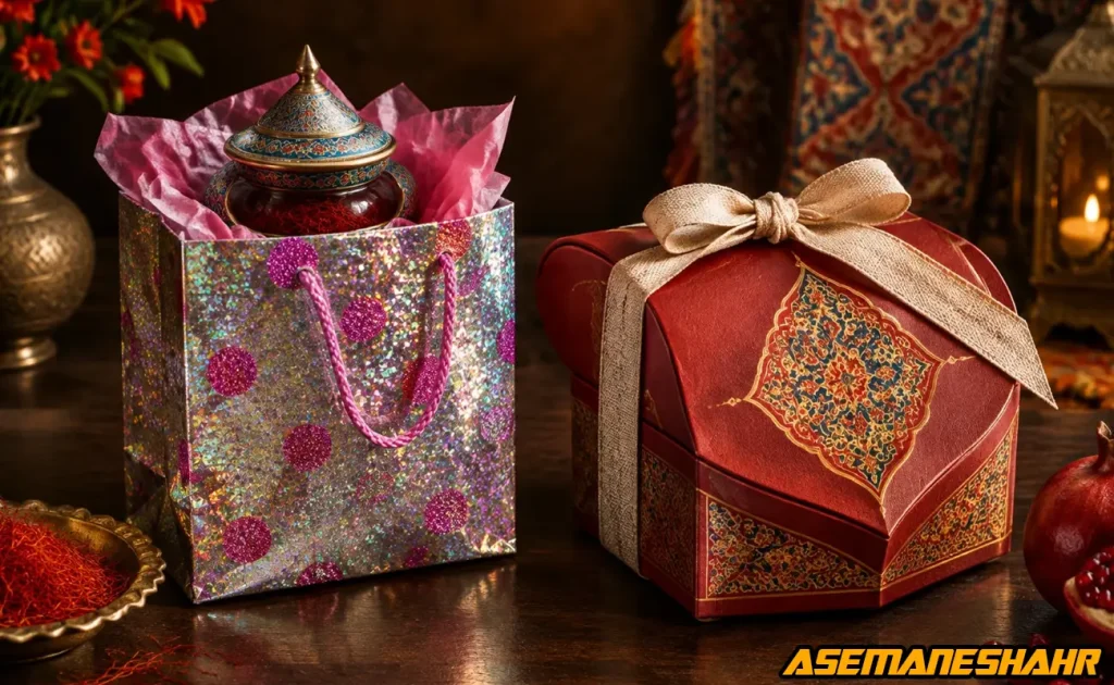 ست بسته‌ بندی هدیه ایرانی شامل ساک براق و جعبه قرمز با نقش سنتی و روبان.