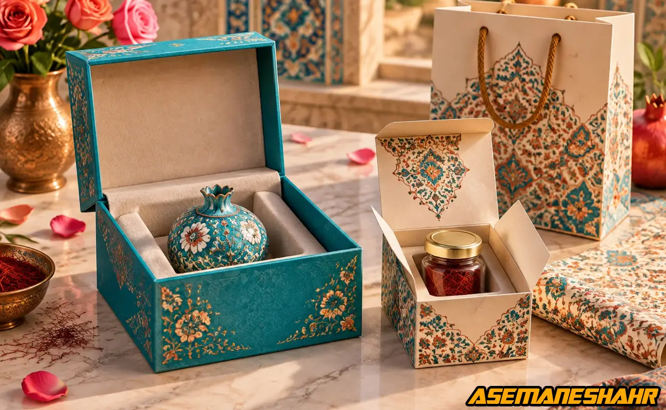 بسته‌ بندی هدیه ایرانی با جعبه فیروزه‌ ای و جعبه زعفران طرح‌ دار، همراه با ساک و کاغذ کادو هماهنگ.