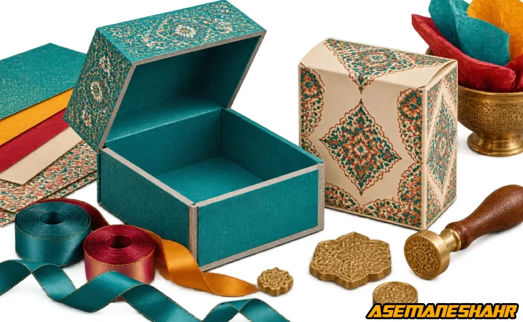 نمونه طراحی جعبه‌ های هدیه فیروزه‌ ای و کرم با نقش‌ های سنتی، روبان‌ های رنگی و مهر تزئینی.