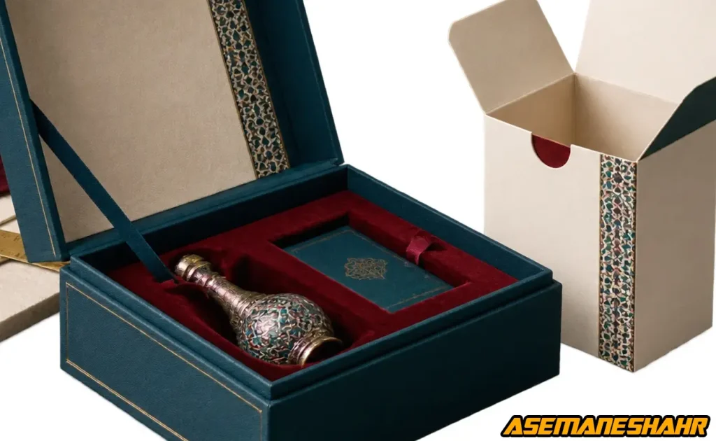 جعبه سخت هدیه با آستر مخملی و قالب داخلی برای محافظت از ظرف تزئینی، در کنار جعبه مقوایی ساده.