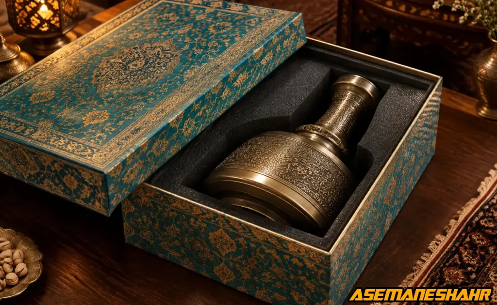 جعبه هاردباکس فیروزه‌ ای با آستر داخلی قالب‌ خورده برای ظرف فلزی تزئینی.